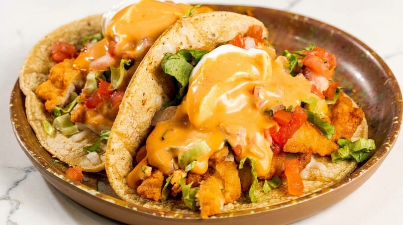 Two crispy chicken tacos with lettuce, tomatoes, and creamy orange sauce on a brown plate.