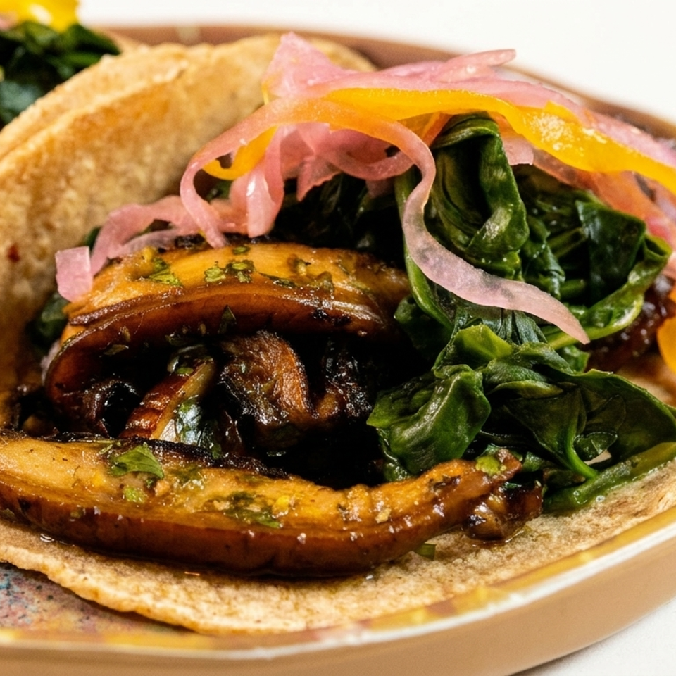 Two mushroom tacos with spinach and pickled onions on a decorative plate.