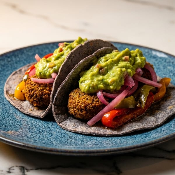 Two falafel tacos with guacamole, pickled red onions, and bell peppers on a blue plate.