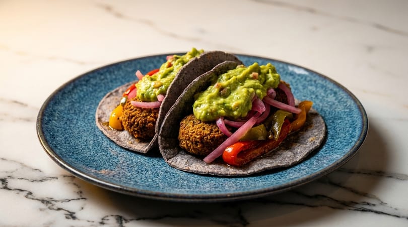 Two falafel tacos with guacamole, pickled red onions, and bell peppers on a blue plate.